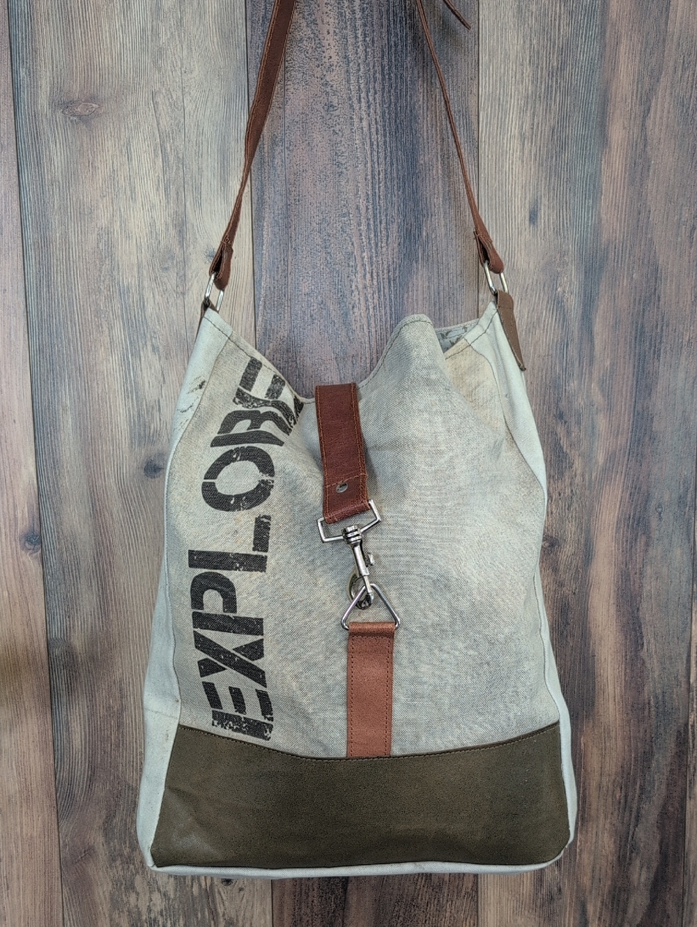 Mona B Repurposed Canvas Explore Tote Shoulder Bag with Leather Trim